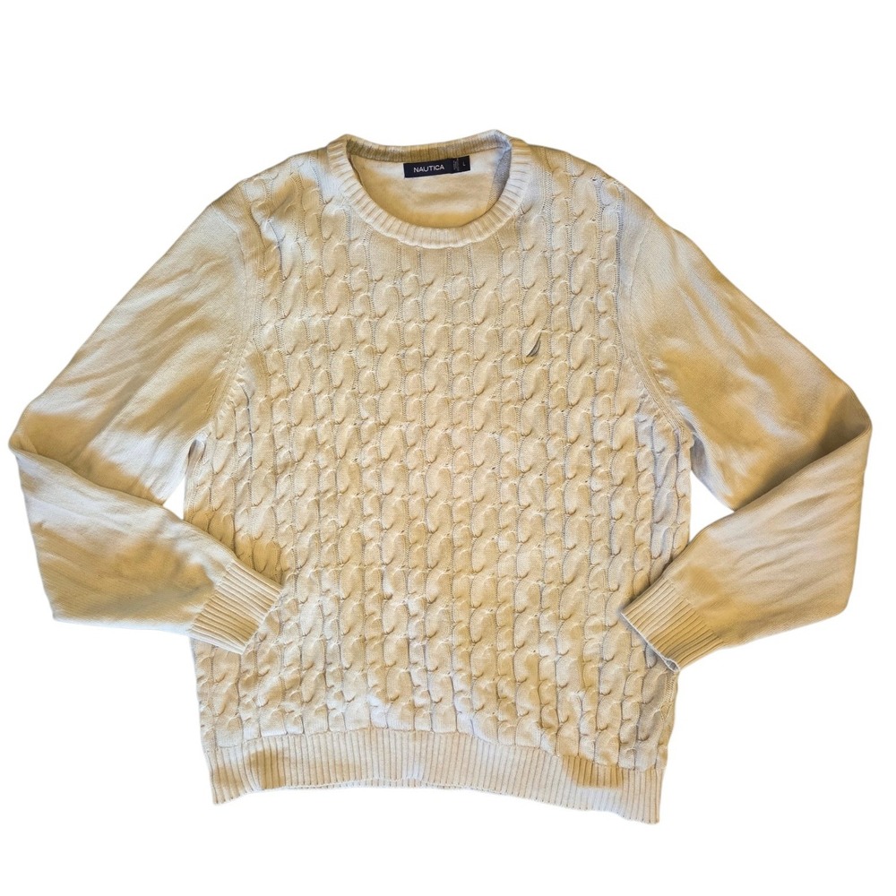 Nautica Mens Cream Cable Knit Crewneck Sweater 100% Cotton Size Large